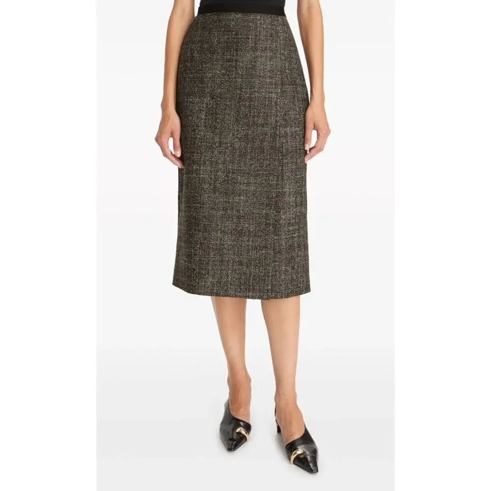 NWT Tory Burch Tweed Midi Skirt Wool Blend Brown Black Wrap Style sz 8